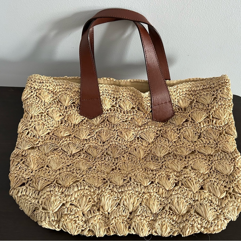 Tan and Brown Woven Tote with Leather Handles